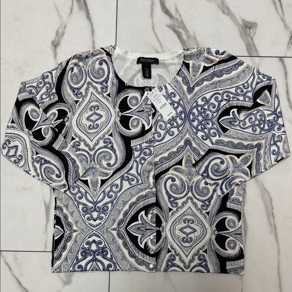 White House Black Market Blue and Black Patterned Cardigan Size Large New